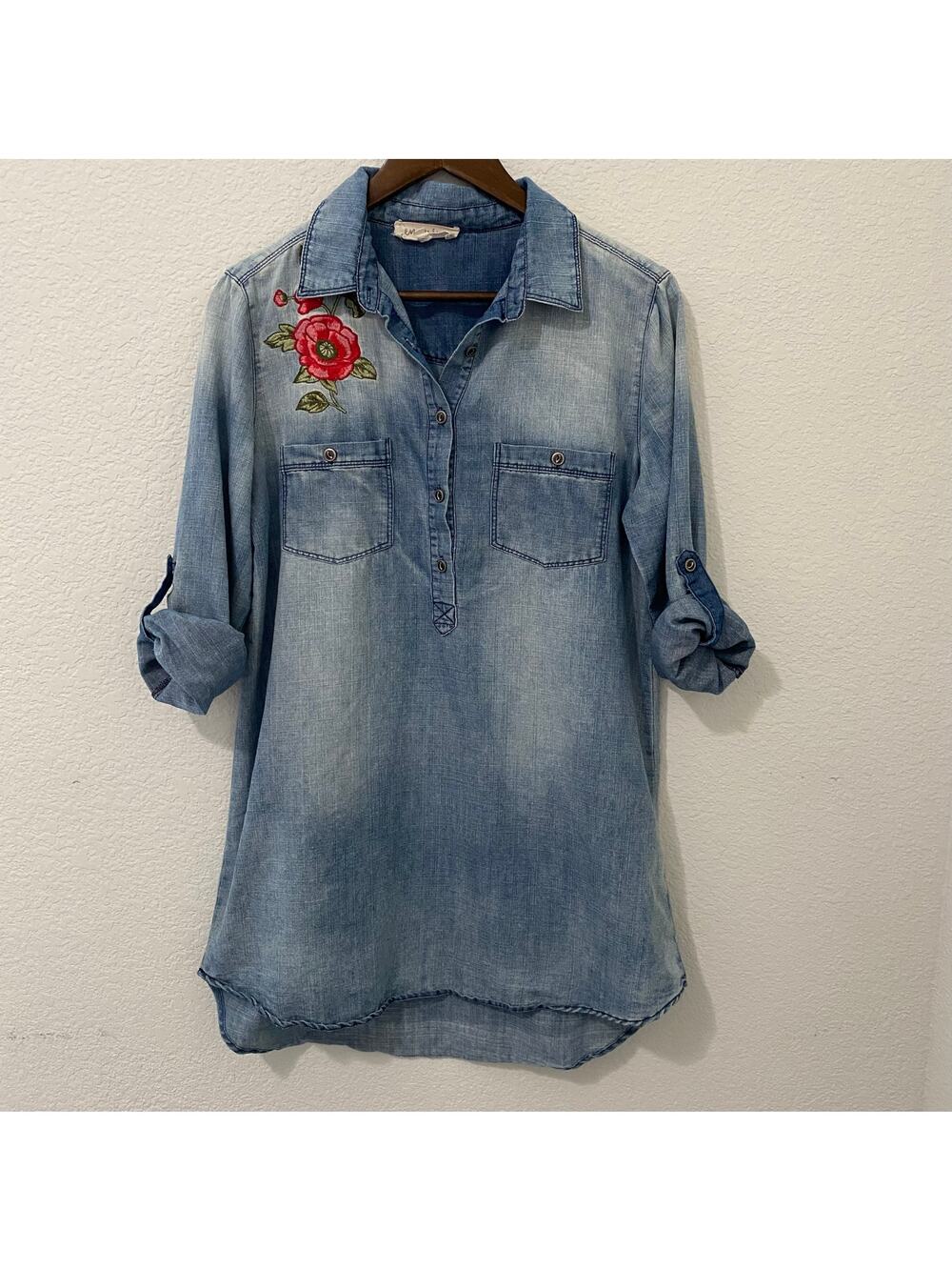 En Creme Womens S Embroidered Floral Chambray Denim Shirt Tunic Long Sleeve
